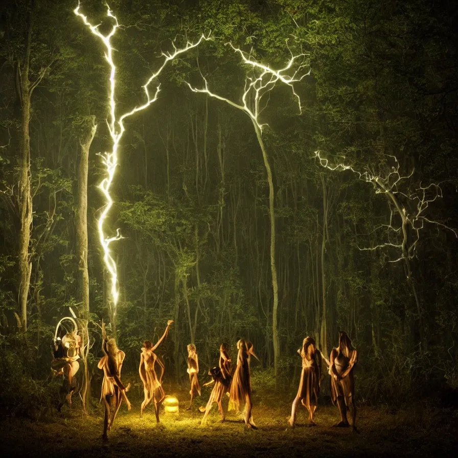 Prompt: photography award of a night carnival fairies, creatures and fantastic people disguised as fantastic creatures in the forest by summer night, masterpiece photography by gregory crewdson, volumetric lightning