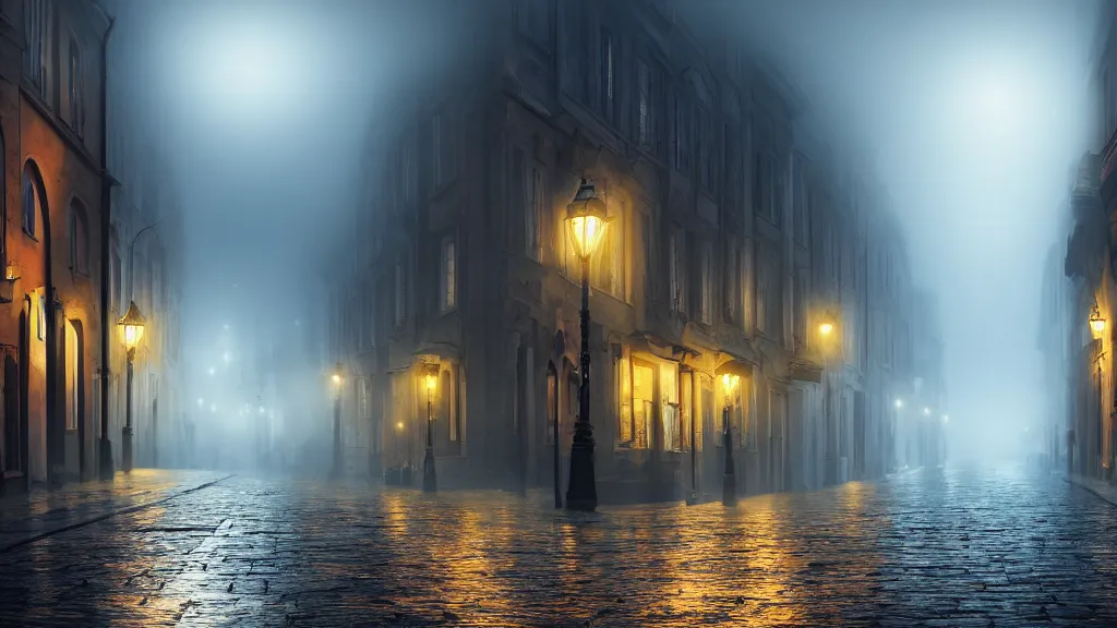 Image similar to many peoples on street of the old town with houses in the windows of which the light is on. early morning, fog on ground, wet street. mike barr painting. volumetric light, dull colors, dark, noir arthouse, 3 5 mm, hight detalied, hd, 4 k