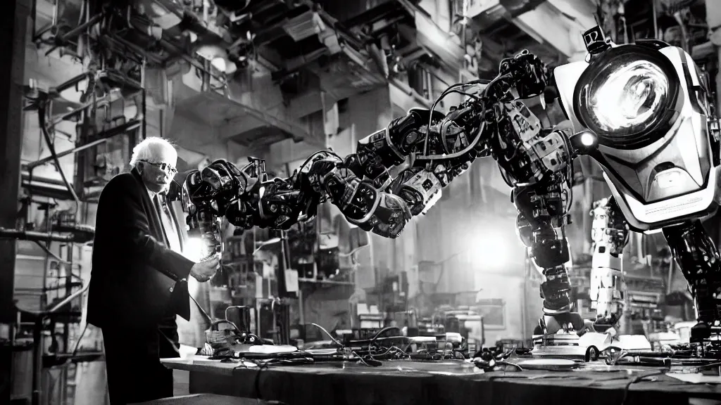 Image similar to bernie sanders putting the finishing touches on a complex magical clockwork doomsday robot, black and white photo, cinematic moody lighting, sharp focus