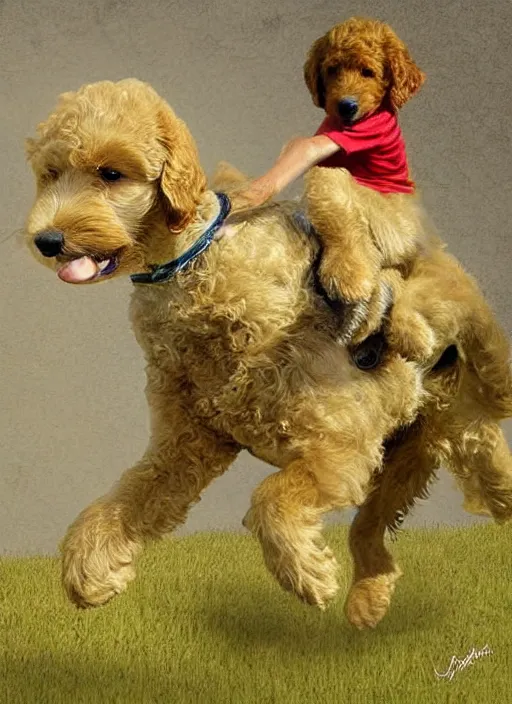 Image similar to digital art, golden doodle puppy, riding a pelaton, cute, artistic