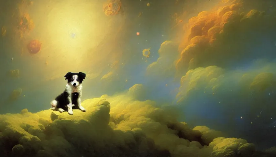 Image similar to highly detailed painting of cute baby border collie puppy astronaut cosmonaut wearing a spacesuit by ivan aivazovsky, thick brush strokes and visible paint layers, 4 k resolution, outer space nebula background