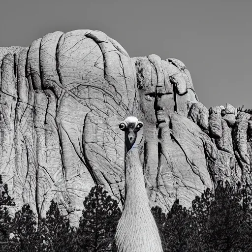 Image similar to black and white photograph of an emu at mount rushmore.