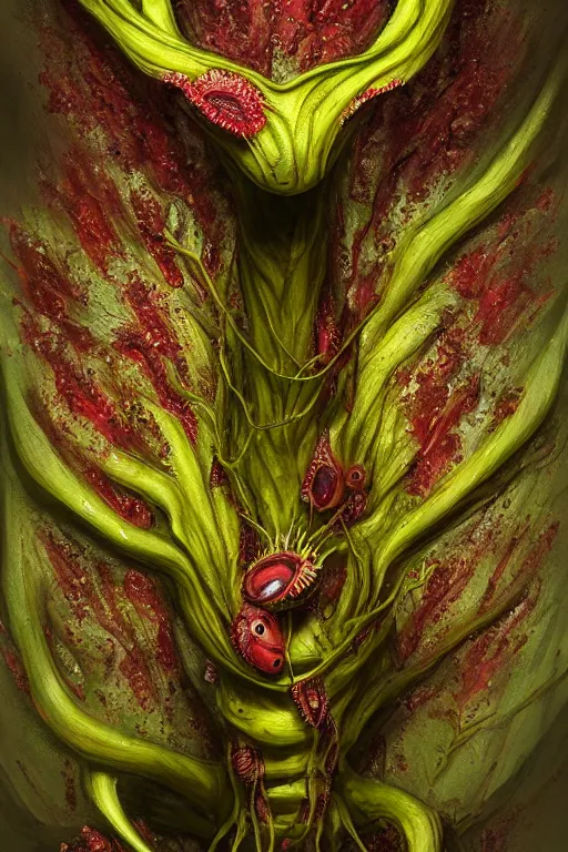 Image similar to portrait of a mutant carnivorous plant robot, intricate, Drosera capensis, dystopian, eyelashes as snap traps of Dionaea muscipula, extremely detailed, digital painting, sculpted in zbrush, artstation, concept art, smooth, sharp focus, illustration, chiaroscuro lighting, golden ratio, rule of thirds, fibonacci, incredible art by Stanley Artgerm Lau and Greg Rutkowski, composition by mike mignola and Simon Stalenhag,