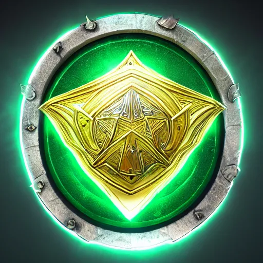 Image similar to green medieval shield, powerful fantasy epic legends, game icon stylized, digital illustration radiating, a glowing aura, global illumination, ray tracing, 8 k high definition, intricate details, octane render, unreal engine, trending on arstation