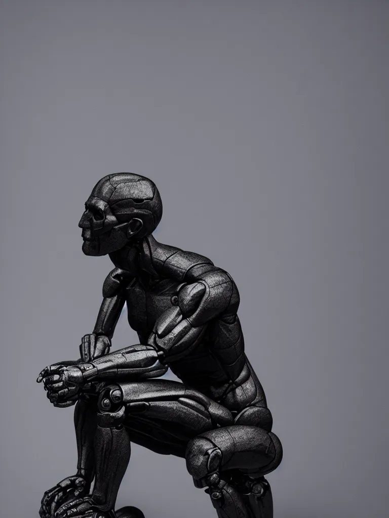 Prompt: the thinker sculpture as an I Robot, black paper, by mario feng, skulls, ray tracing, master shot, octane render, 8k, ultra hd, perfect light