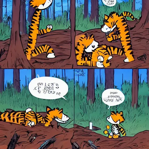 Image similar to Calvin and Hobbes camping in the forest in the future