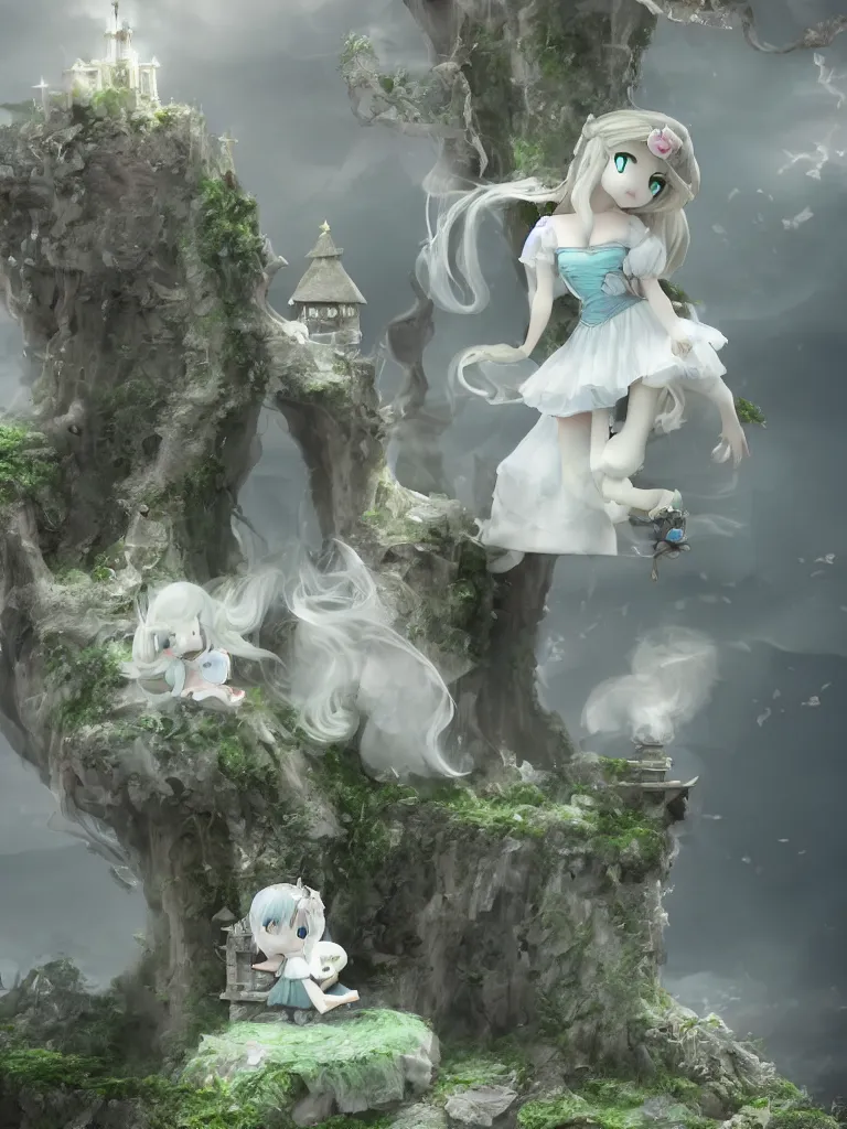Prompt: cute fumo plush of a princess girl in a tower on a tiny island which she lays sole claim to, selfish empress of the abyss, tempestuous waters, wisps of volumetric smoke and fog, gothic wraith maiden in tattered white dress, floating island, vignette, vray