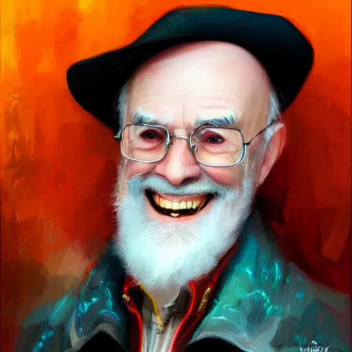 Prompt: terry pratchett laughing, portrait by wlop and ross tran, colorful