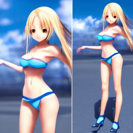Prompt: a very beautiful young anime giantess, full body, standing in time square, long wavy blond hair, sky blue eyes, full round face,, bikini, miniskirt, front view, mid - shot, highly detailed, cinematic wallpaper by stanley artgerm lau