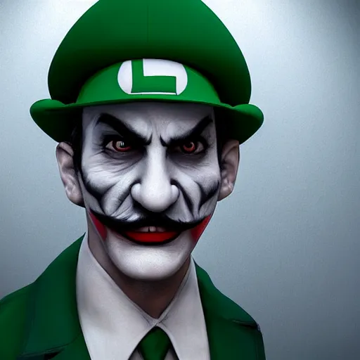 Prompt: Luigi in real life with joker makeup, realistic, very realistic, hyperrealistic, highly detailed, very detailed, extremely detailed, detailed, digital art, oil painting, trending on artstation, headshot and bodyshot, detailed face, very detailed face, extremely detailed face, HD Quality, 8k resolution