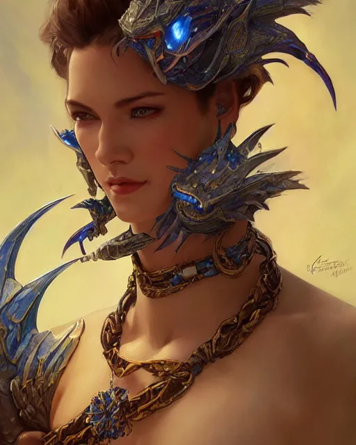 Image similar to Portrait of an azure dragon person, HD, illustration, epic, D&D, fantasy, intricate, elegant, highly detailed, digital painting, artstation, concept art, smooth, sharp focus, illustration, art by artgerm and greg rutkowski and alphonse mucha, monster hunter illustrations art book