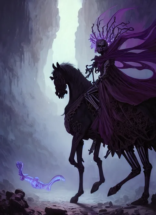 Image similar to skeleton necromancer raising a horse, purple palette, cave landscape, fantasy magic, dark light night, intricate, elegant, sharp focus, illustration, highly detailed, digital painting, concept art, matte, art by wlop and artgerm and greg rutkowski and alphonse mucha, masterpiece