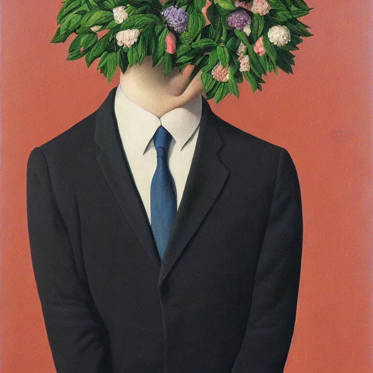 Image similar to portrait of man in a suit with flowers hiding his face by rene magritte, detailed painting, hd, hq, high resolution, high detail, 4 k, 8 k