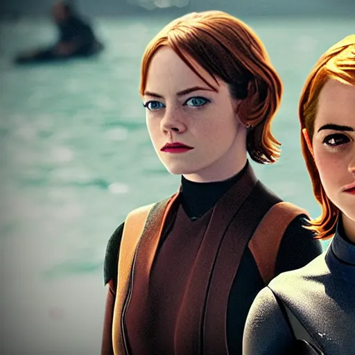 Prompt: emma stone and emma watson in Star Wars, movie still