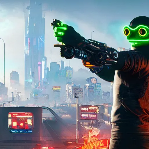 Image similar to cyborg cybernetic pepe frog makes appearance in Cyberpunk 2077. CP2077. 3840 x 2160