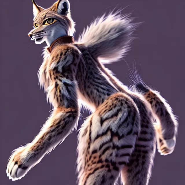 Image similar to the full body of anthropomorphic lynx fursona from behind wearing a steampunk suit as unimaginably beautiful, gorgeous, elegant, young woman with lynx head, fluffy tail, paw pads, an ultrafine hyperdetailed illustration by furaffinity, intricate linework, white fur, unreal engine 5 highly rendered, global illumination, radiant light, detailed and intricate environment