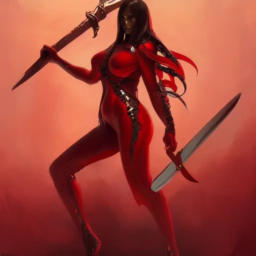 Image similar to a female demon wearing a skintight red mechanics jumpsuit holding a sword, intricate, elegant, highly detailed, digital painting, artstation, concept art, smooth, sharp focus, illustration, art by artgerm and greg rutkowski and alphonse mucha, 8 k