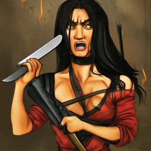 Prompt: black haired muscular woman with a angry expression, surrounded by bandits, she is holding a sword ready to fight