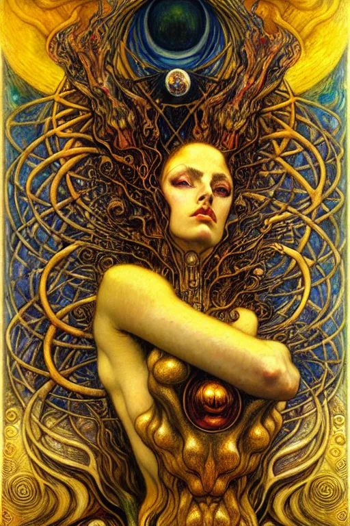 Image similar to Divine Chaos Engine by Karol Bak, Jean Delville, William Blake, Gustav Klimt, and Vincent Van Gogh, symbolist, visionary