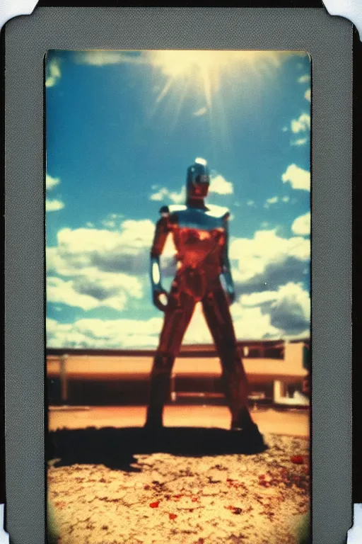 Prompt: analog polaroid photograph of a chrome android, standing in a pool of blood, azure sky, big clouds visible, sunlight, reflection, sparkles, lensflare, film grain, depth of field, color bleed