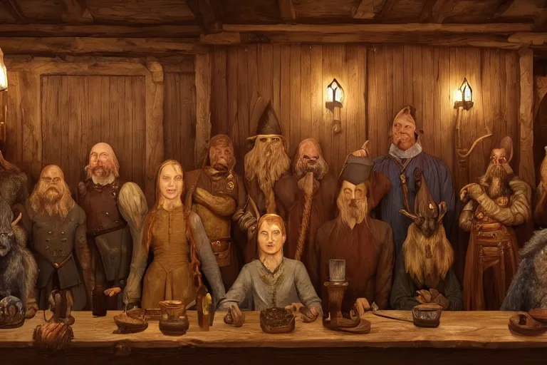 Image similar to A group of High Fantasy Creatures lined up for a portrait in a tavern, Screenshot of Wes Anderson's New RPG Movie, Photo realistic, Regal, Formal, Symmetrical, Satisfying, Dynamic lighting, Highly Detailed, Cinematic Lighting, 8k, HD