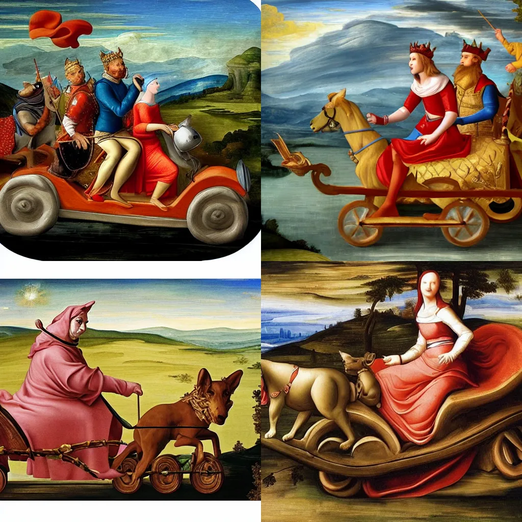 Prompt: fantasy dwraf riding a car made out of baguette, renaissance painting,