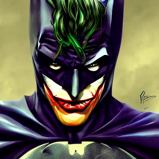 Image similar to the batman wearing joker makeup, digital painting, amazing detail, artstation, cgsociety