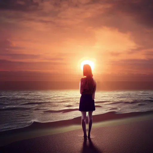 Image similar to aesthetic photo of a woman looking up crying at a beach at sunset, dslr, award winning, 8 k, octane beautifully detailed render, warm mood, cinematic lighting, detailed photo, masterpiece, volumetric lighting, ultra realistic, highly detailed, high quality, lossless, photorealistic, sharp focus, hd