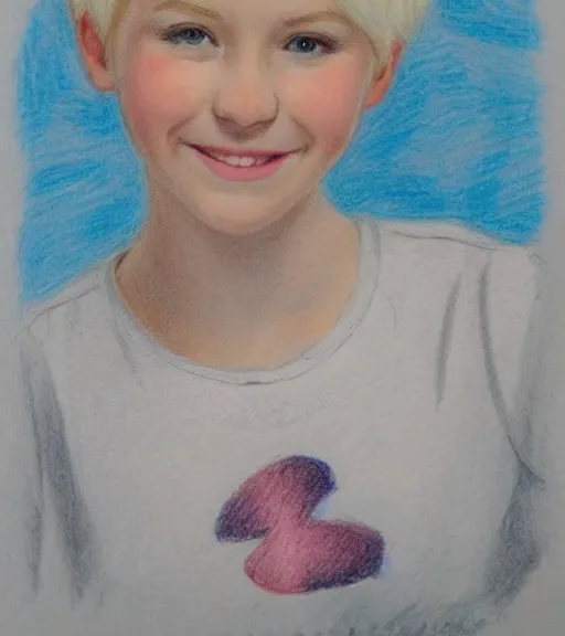 Prompt: claire barnes, a 1 5 - year - old white girl with a round face, pixie cut platinum blonde hair, round blue eyes, rosy cheeks, and a happy expression, highly detailed portrait, color pencil sketch