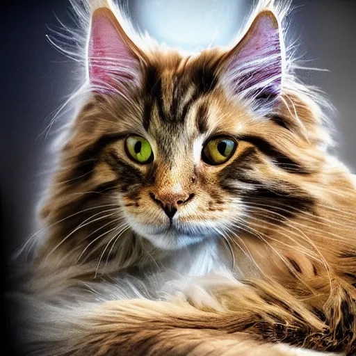 Image similar to portrait cream color maine coon cat curled up, bay window sofa, 8K, 4K, digital art, photoshop, sumi-e, palette knife, oversaturated lens flair, bokeh, sunbeam