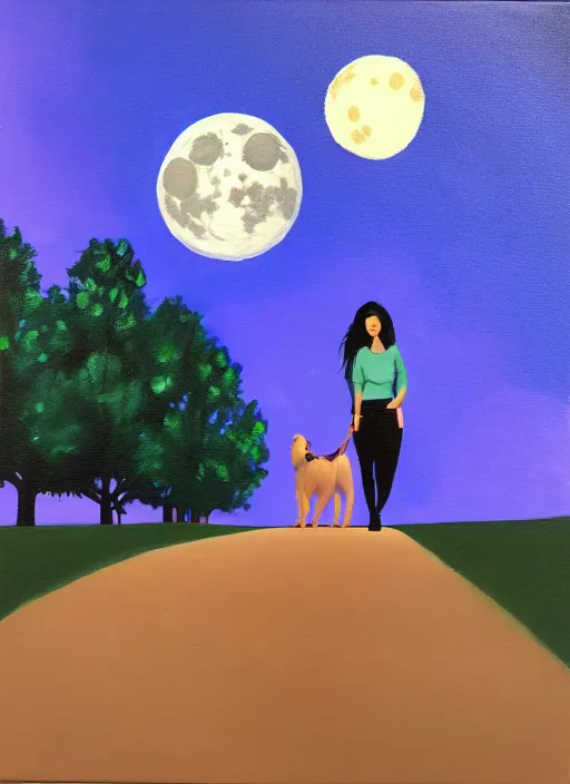 Image similar to young brown woman walking her dog in a park at night with a full moon, acrylic painting, fantasy