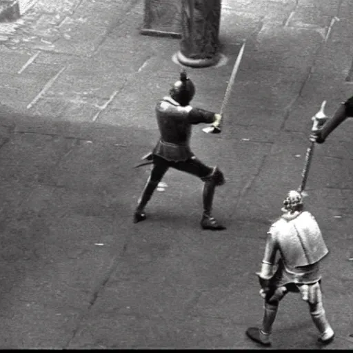 Image similar to medieval sword fight cctv footage, coloured photo, security cam footage