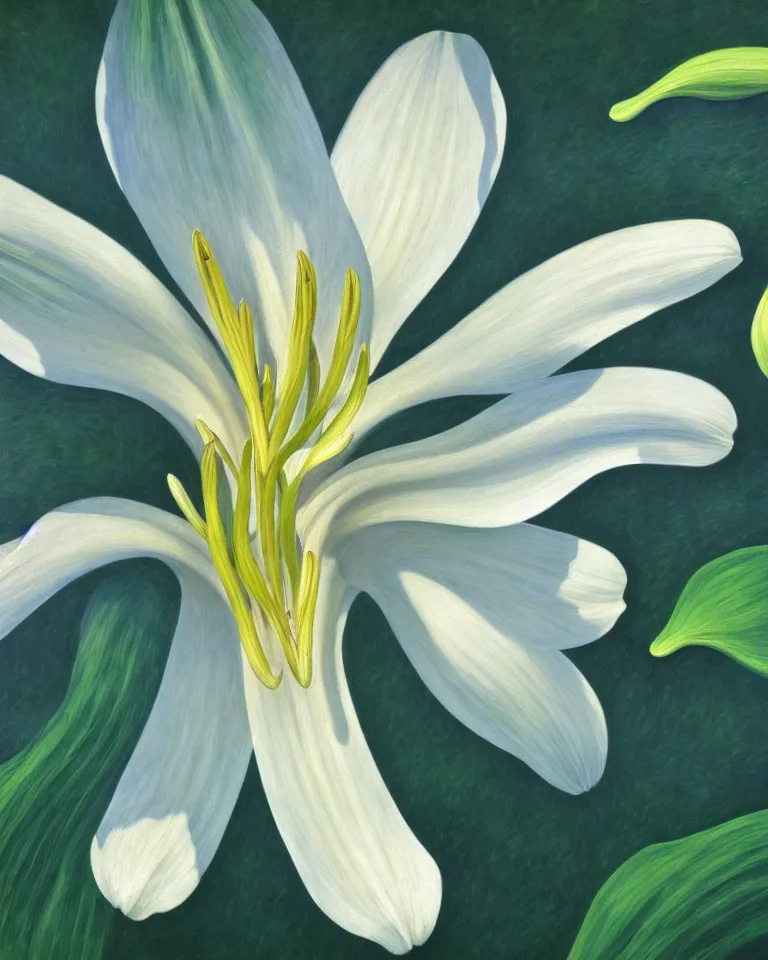 Image similar to achingly beautiful extreme close up painting of one white lily blossom by rene magritte, monet, and turner. piranesi. macro lens, symmetry, circular.