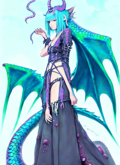 Prompt: concept art of a dragon angel slime monster girl wearing a intricate outfit japanese harajuku street fashion, gapmoe yandere grimdark, dragon tail, long tail. butterfly trending on pixiv fanbox, painted by greg rutkowski makoto shinkai takashi takeuchi studio ghibli, akihiko yoshida