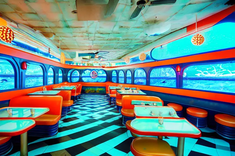 Prompt: 2 0 1 5 fish themed underwater american diner, googie architecture, two point perspective, americana, fishcore, restaurant interior photography, 8 5 mm, photo by jeff brouws