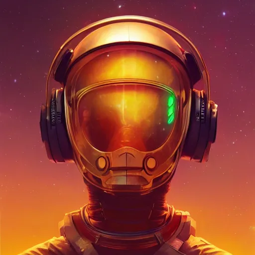 Prompt: a poster design of a futuristic cyberpunk astronaut wearing headphones in space, tech, futuristic, universe, cyberpunk, warm color, golden hour, artgerm, Highly detailed labeled, poster, peter mohrbacher, featured on Artstation