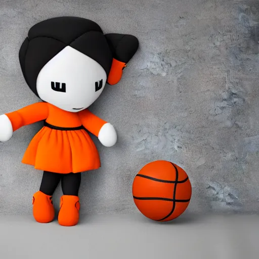 Image similar to cute fumo plush of a girl who plays basketball, black and white and orange, vray caustics