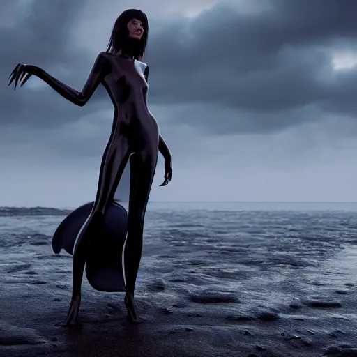 Prompt: a stunning cinematic extreme wide shot of a beautiful confident slick sleek smooth humanoid sea monster wearing clothes made of seaweed on a dark stormy beach, well designed perfect with huge sad eyes, sharp claws, cgsociety, hd octane render, fantasy, furry art, artstation, deviantart, furaffinity, very very clean