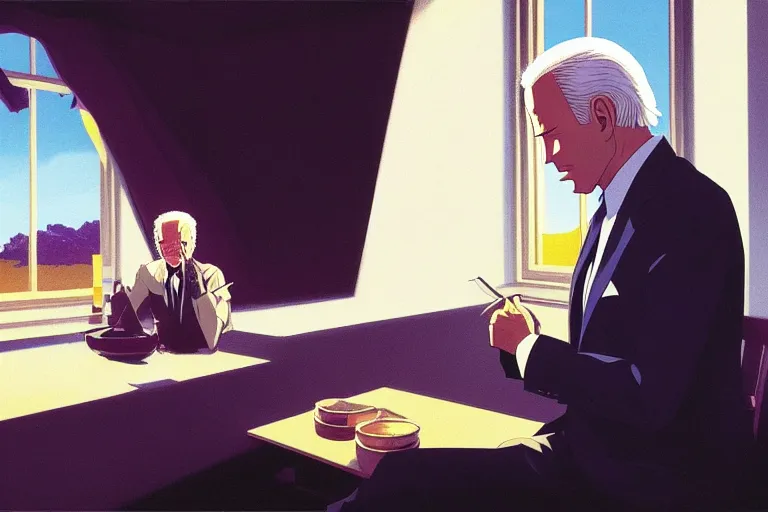 Image similar to anime key visual of joe biden eating all of the carbon credits, style of jamie wyeth james gilleard edward hopper greg rutkowski acrylic painting, preserved museum piece, historical