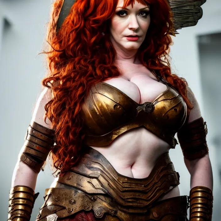 Prompt: full length photograph of a real-life christina hendricks as an amazon warrior, Extremely detailed. 8k
