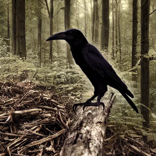 Image similar to mixture between a!!!! human and crow, photograph captured in a forest