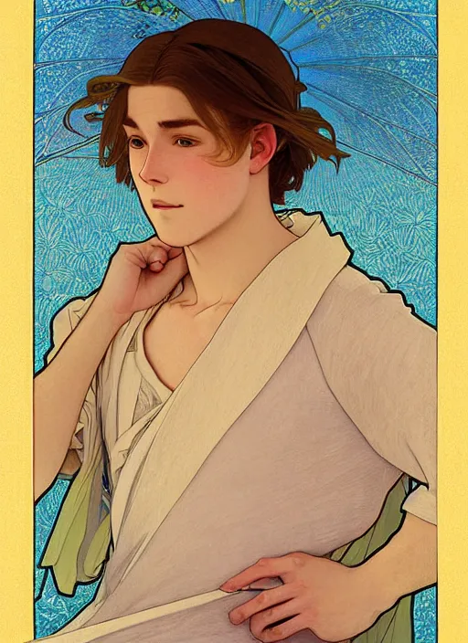 Image similar to pretty young man with shoulder length blond hair, male, half body shot, path traced, highly detailed, high quality, digital painting, by studio ghibli and alphonse mucha, leesha hannigan, hidari, art nouveau, chiho aoshima, jules bastien - lepage