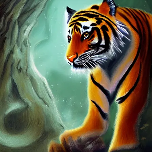 Image similar to Tiger walks through a dimensional portal,side view, Fantasy Art