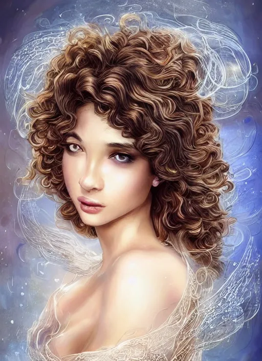 Image similar to beautiful female angel, brunette with big smile and curly hairstyle, looks like Ebru Şahin, Reyyan, looks like Fabiula Nascimento, looks like Laura Barriales, D&D, fantasy, intricate, elegant, highly detailed, digital painting, artstation, concept art, character design, smooth, sharp focus, illustration, art by artgerm and greg rutkowski and alphonse mucha