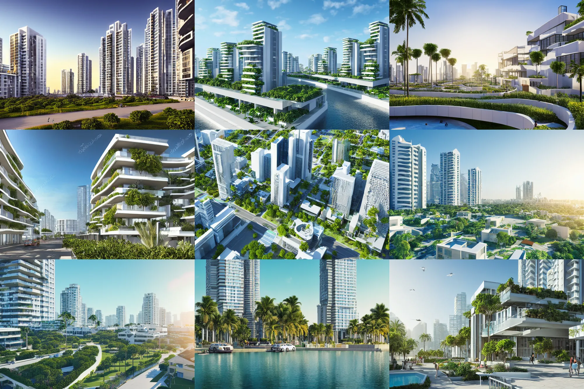 Prompt: render of a city with beautiful modern homes, designed for cozy aesthetics!, beachfront, futuristic, highrise business district, energy efficiency and maximizing plants and greenery, cg render, sunny sky light, high resolution, professional