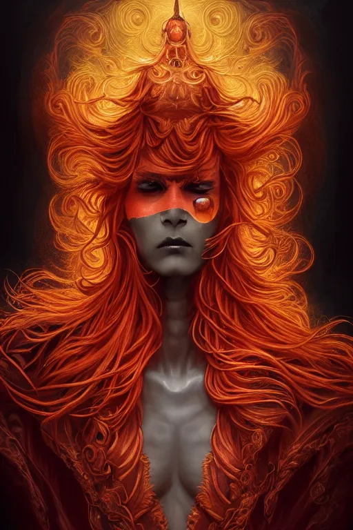 Image similar to bust of a prince of darkness , long hairs, gradient black red, dreamy and ethereal, orange eyes, golden ratio, vicious expression, ornate frilly suit,cloudy ghostly aspect, beautiful, dark fantasy, intricate, elegant, rainbow bubbles, highly detailed, digital painting, artstation, concept art, smooth,b sharp focus, illustration, black background art by artgerm and greg rutkowski and alphonse mucha