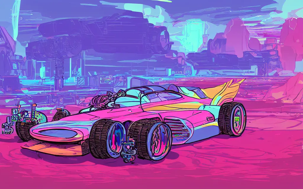 Image similar to an retrowave cyberpunk formula car on the mars, pastel, colorful, bright, cartoony, digital art