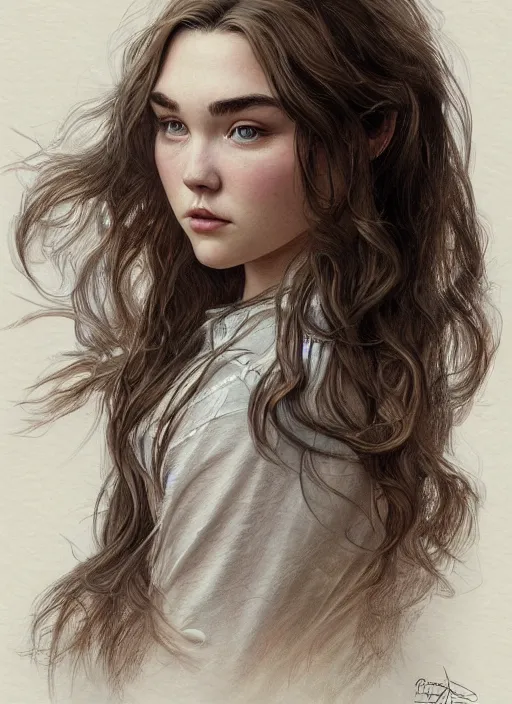 Image similar to beautiful head and shoulders portrait of florence pugh, casual clothing, intricate, elegant, highly detailed, digital painting, beautiful highly detailed face, artstation, concept art, smooth, sharp, focus, illustration, art by artgerm and greg rutkowski and alphonse mucha
