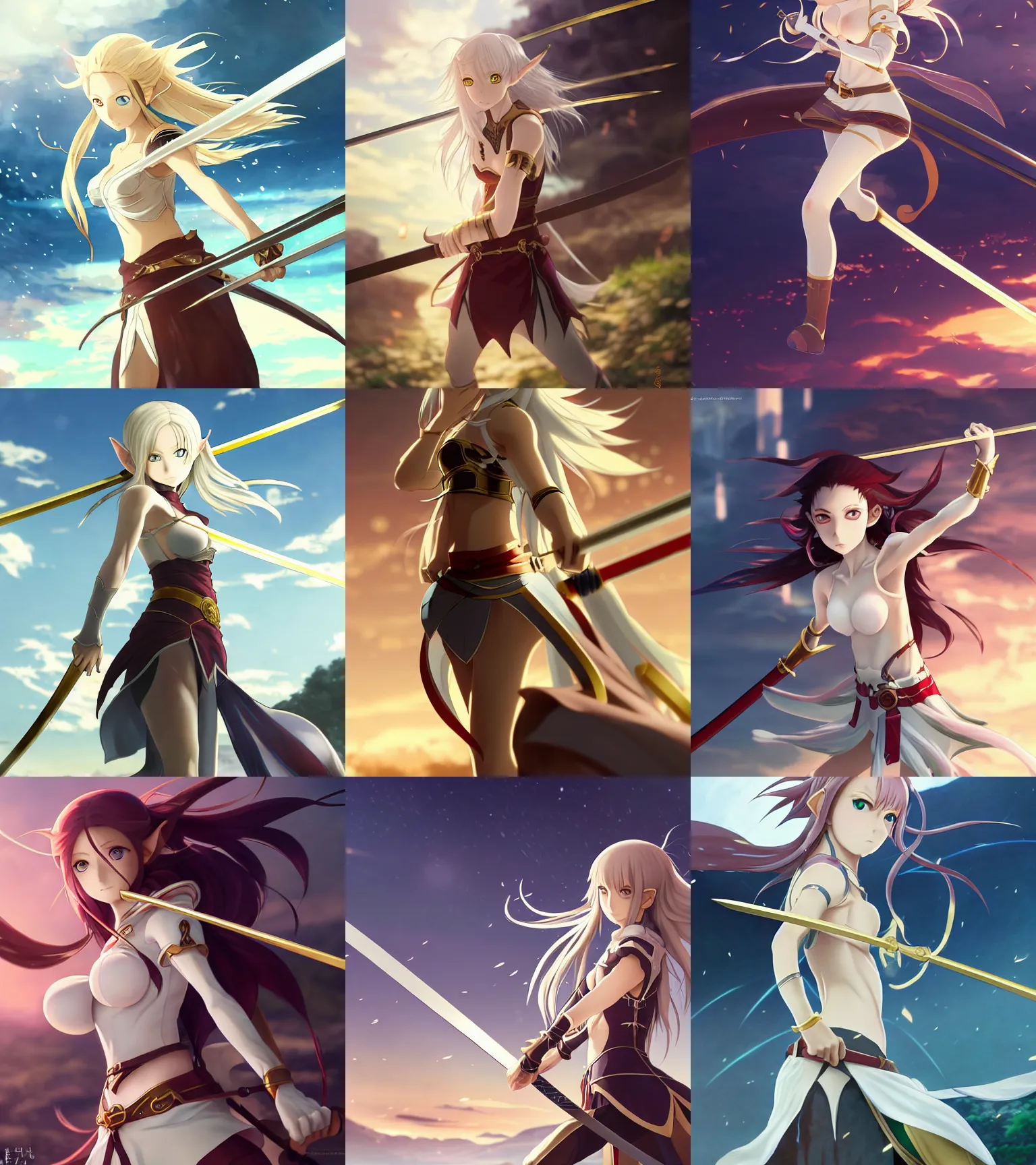 Prompt: renaissance anime brave elf girl with white skin, katana in hand, wide golden eyes, hair blowing the wind, strong pose, trending art, fashion photography, centered, fate zero, extremely high detailed, bokeh color background, studio ghibly takashi takeuchi makoto shinkai, wlop