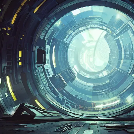 Image similar to centered circular derelict portal in a middle of a futuristic cityscape, world seen only through a portal, daylight, cinematic perspective, cinematic lighting, blue sky, syd mead, john harris, symmetrical